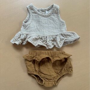 Quincy Mae Mustard Stripe Peplum Top and Ruffle Bottom - 0-3 Months